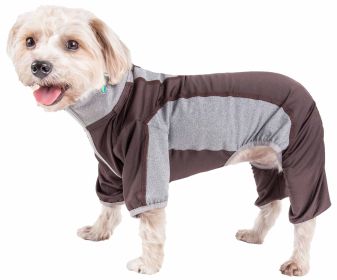 Pet Life Active 'Warm-Pup' Heathered Performance 4-Way Stretch Two-Toned Full Body Warm Up (Color: Brown)