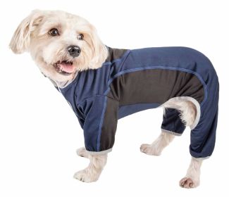 Pet Life Active 'Warm-Pup' Heathered Performance 4-Way Stretch Two-Toned Full Body Warm Up (Color: Navy)